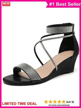 Open Toe Glitter Rhinestone Ankle Strap Low Wedge Sandals Party Wedding